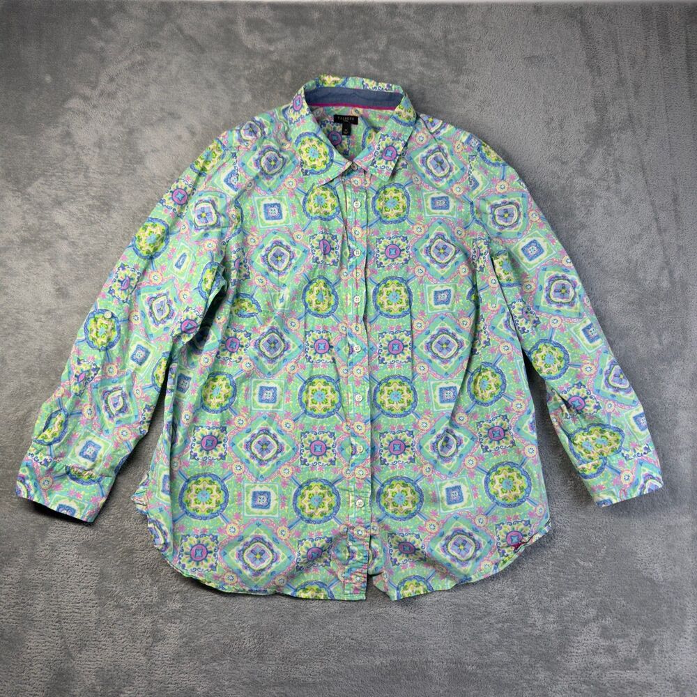 Talbots Shirt Womens 1X Green Geometric Button Long Sleeve Career Casual Office